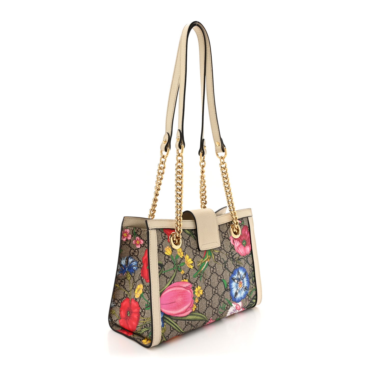 GG Supreme Monogram Flora Textured Calfskin Small Padlock Tote Beige Ebony Multicolor Mystic White