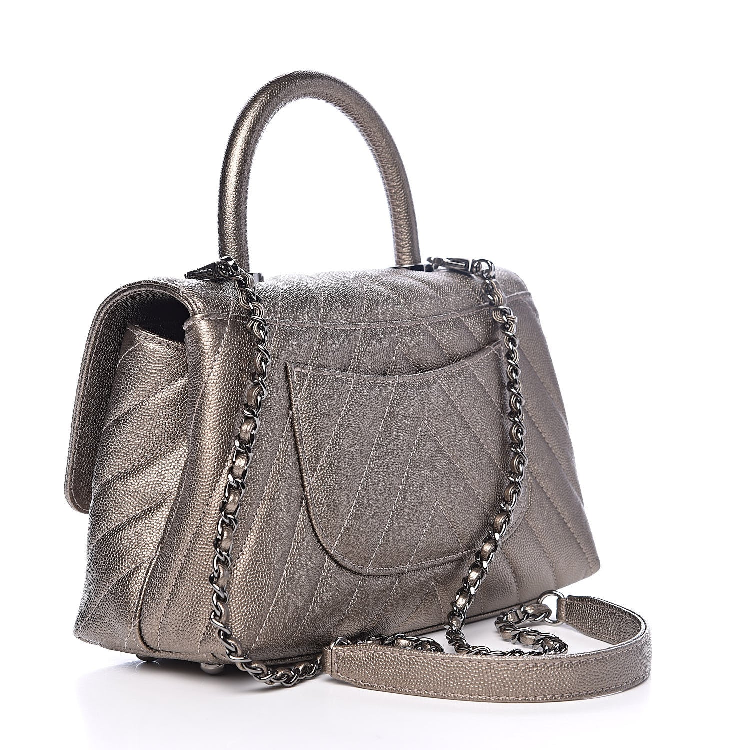 Chanel Metallic Caviar Chevron Quilted Mini Coco Handle Flap Light Gold 3 of 11
