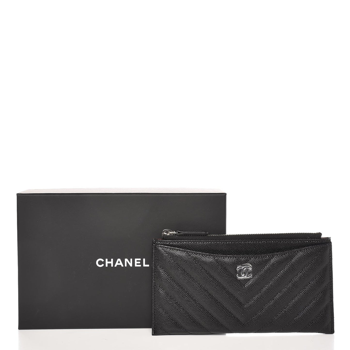 Caviar Chevron Quilted Zip Pouch Black