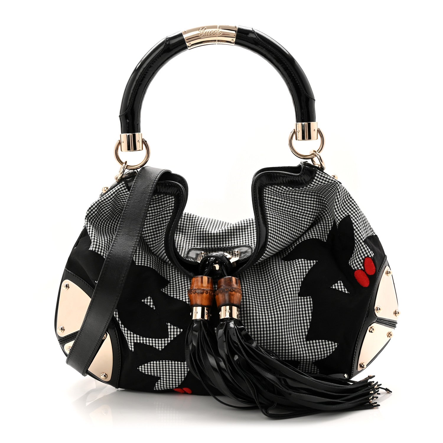 Gucci Cotton Patent Calfskin Large Indy Top Handle Hobo Black White Red 1 of 10