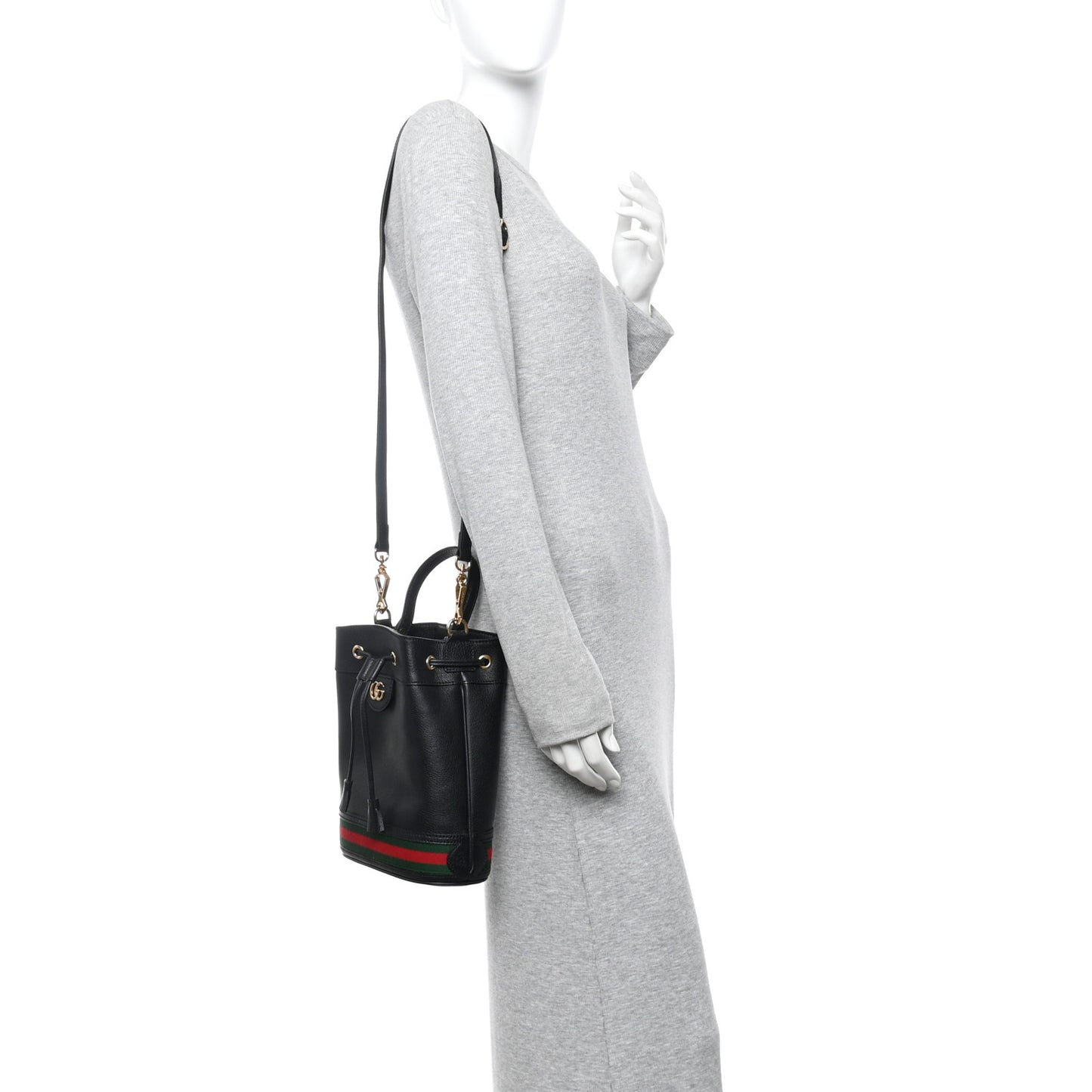 Glazed Textured Calfskin Web Small Ophidia Bucket Bag Black