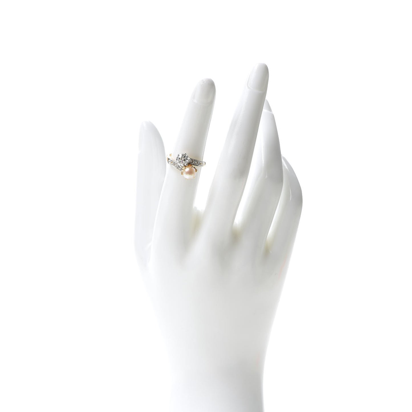 18K Yellow Gold Platinum Diamond Pearl Bypass Ring 50 5.25
