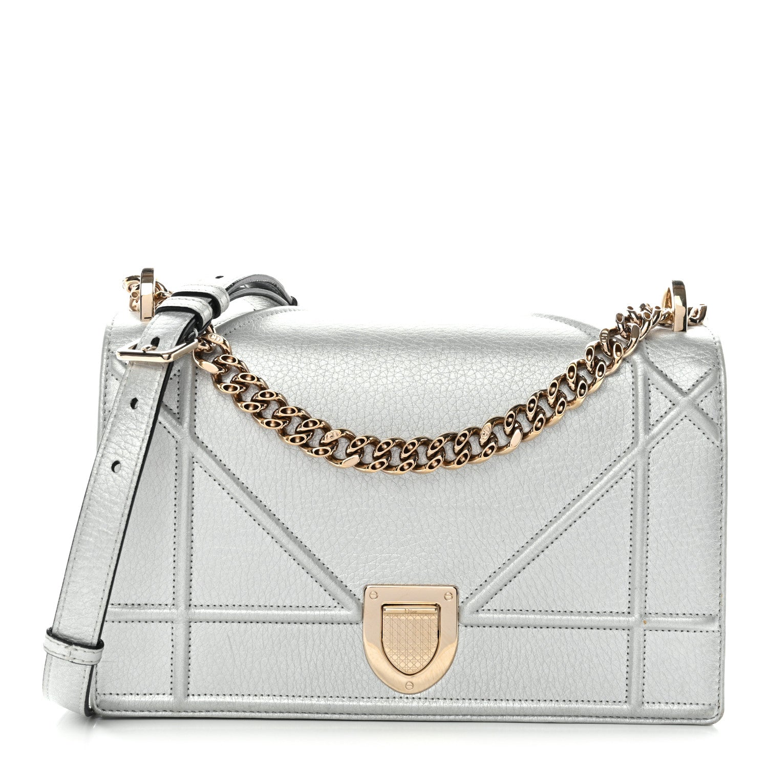 Christian Dior Metallic Grained Calfskin Medium Diorama Flap Bag Silver 1 of 11