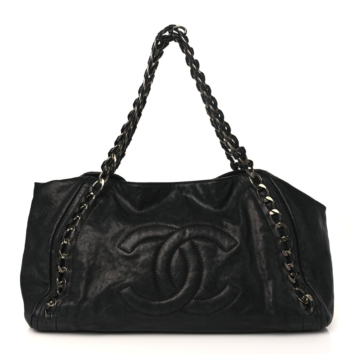 Glazed Calfskin East West Modern Chain Tote Black