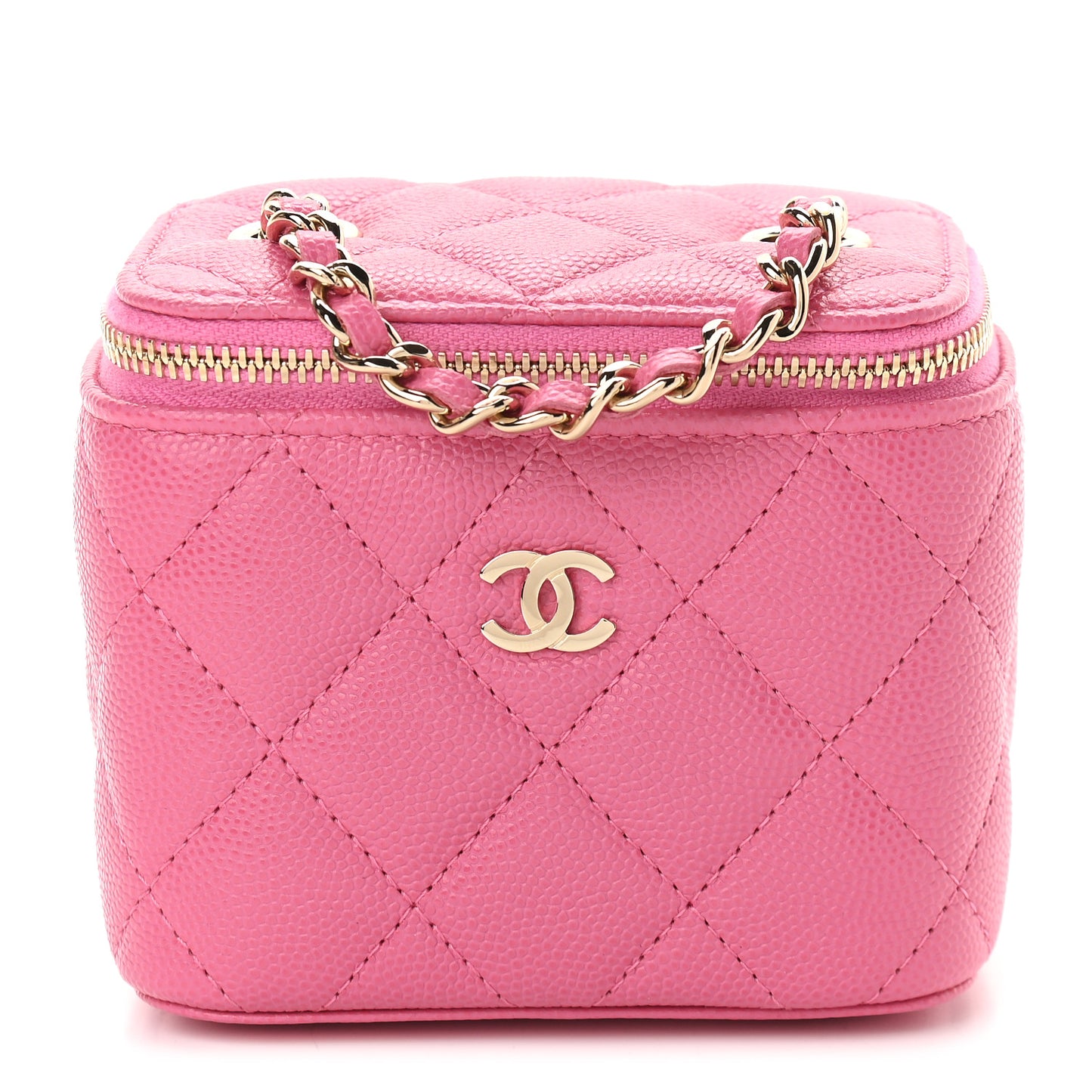 Caviar Quilted Mini Vanity Case With Chain Pink