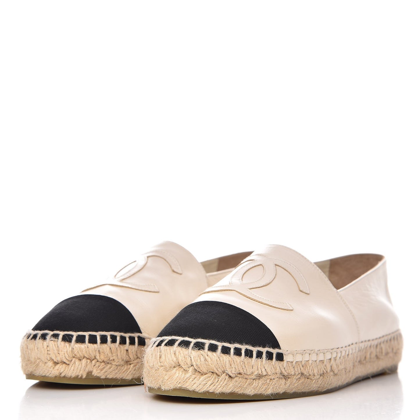 Metallic Calfskin Grosgrain CC Espadrilles 37 Ivory Black