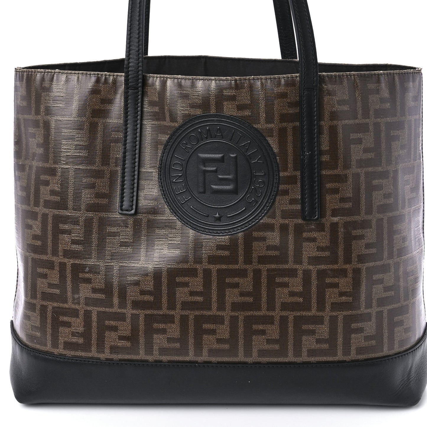 Glazed Fabric Vitello Century FF 1974 Stamp Patch Shopping Tote Mogano Panna Black