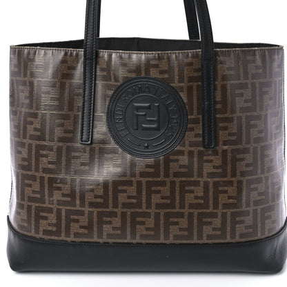 Fendi Glazed Fabric Vitello Century FF 1974 Stamp Patch Shopping Tote Mogano Panna Black 9 of 10