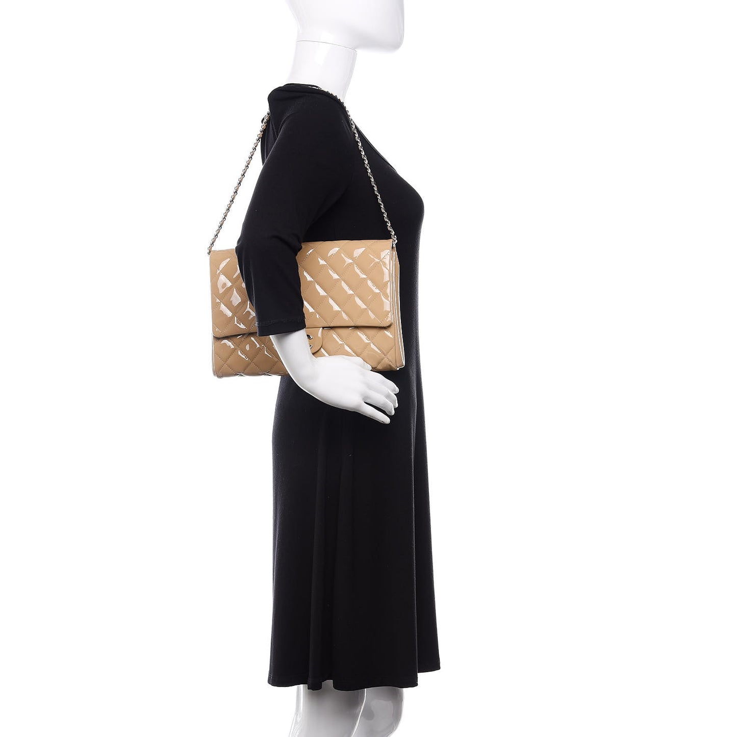Patent Quilted Clutch with Chain Flap Beige