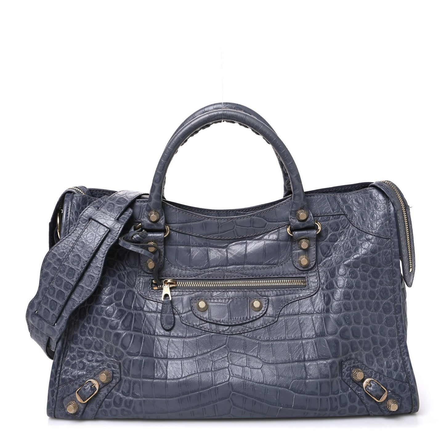 Calfskin Crocodile Embossed Giant 12 Gold Hardware City Gris Beton