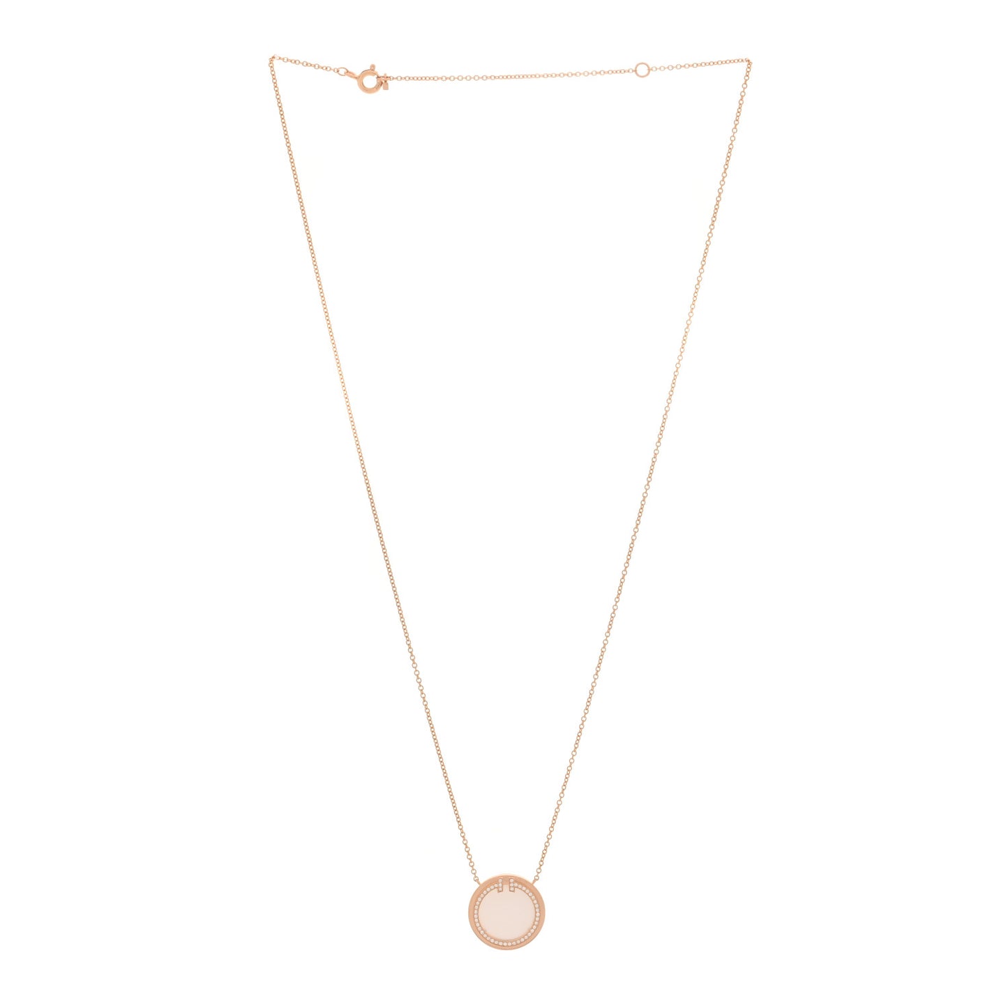 18K Rose Gold Diamond Mother of Pearl T Circle Pendant Necklace
