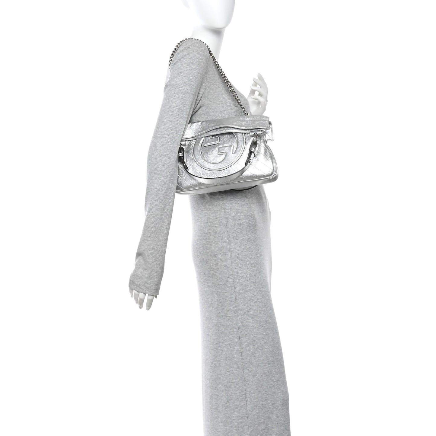 Sakai Be Green Calfskin Diagonal Stitched Small Blondie Tote Silver