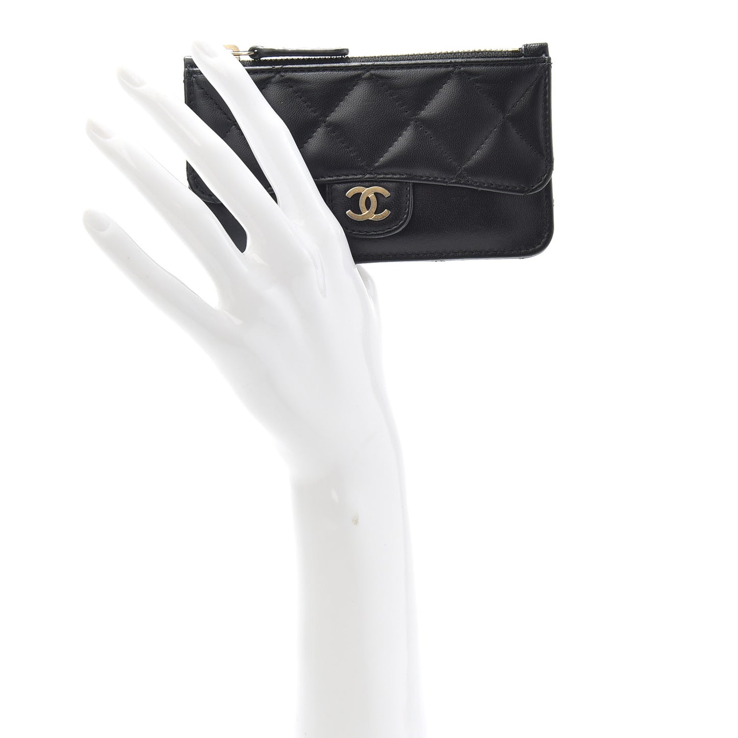 Lambskin Quilted Flap Zip Card Holder Black