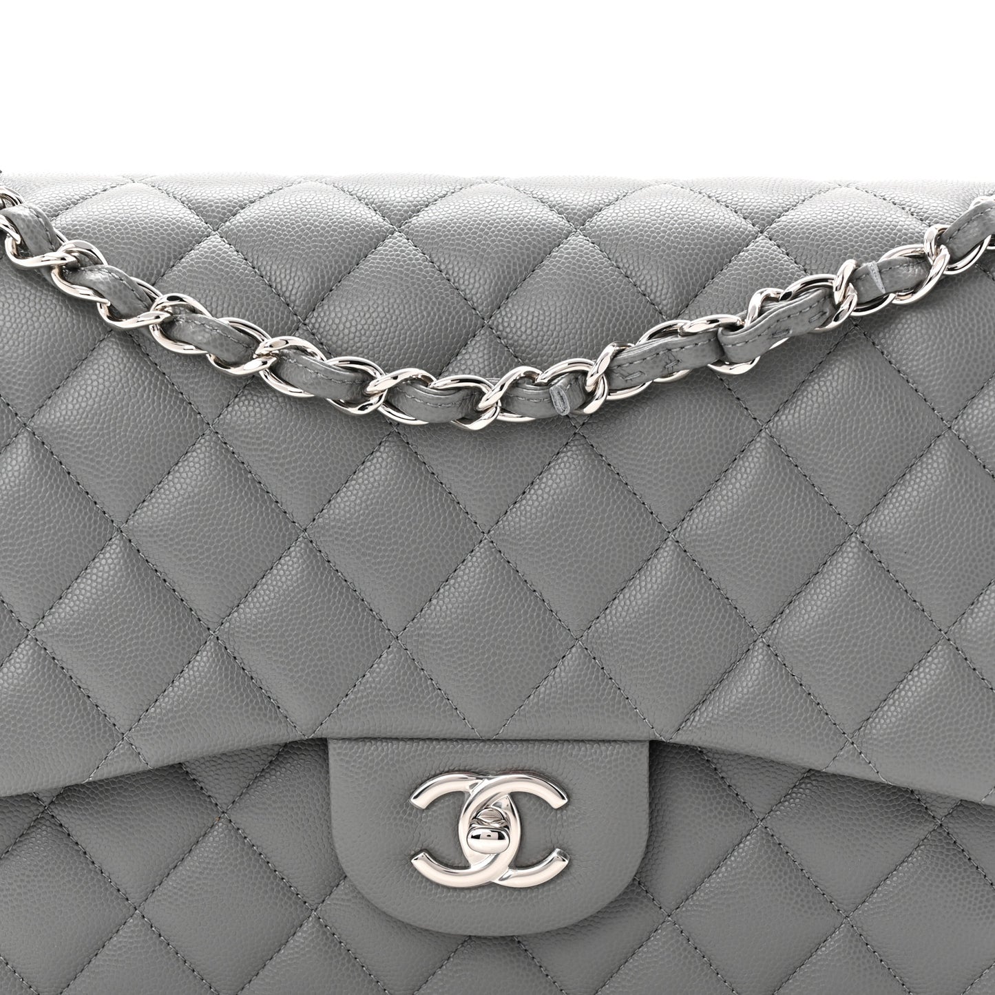 Caviar Quilted Jumbo Double Flap Grey