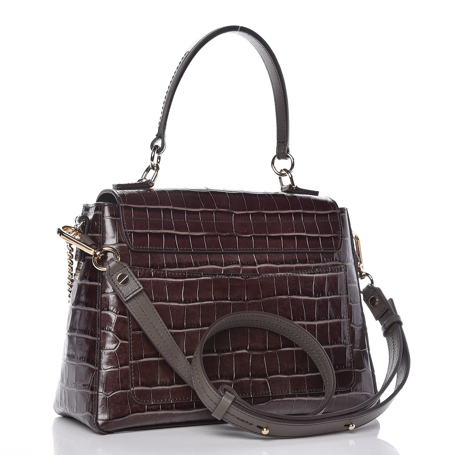 Chloe Calfskin Crocodile Embossed Small Faye Day Shoulder Bag Profound Brown 3 of 9