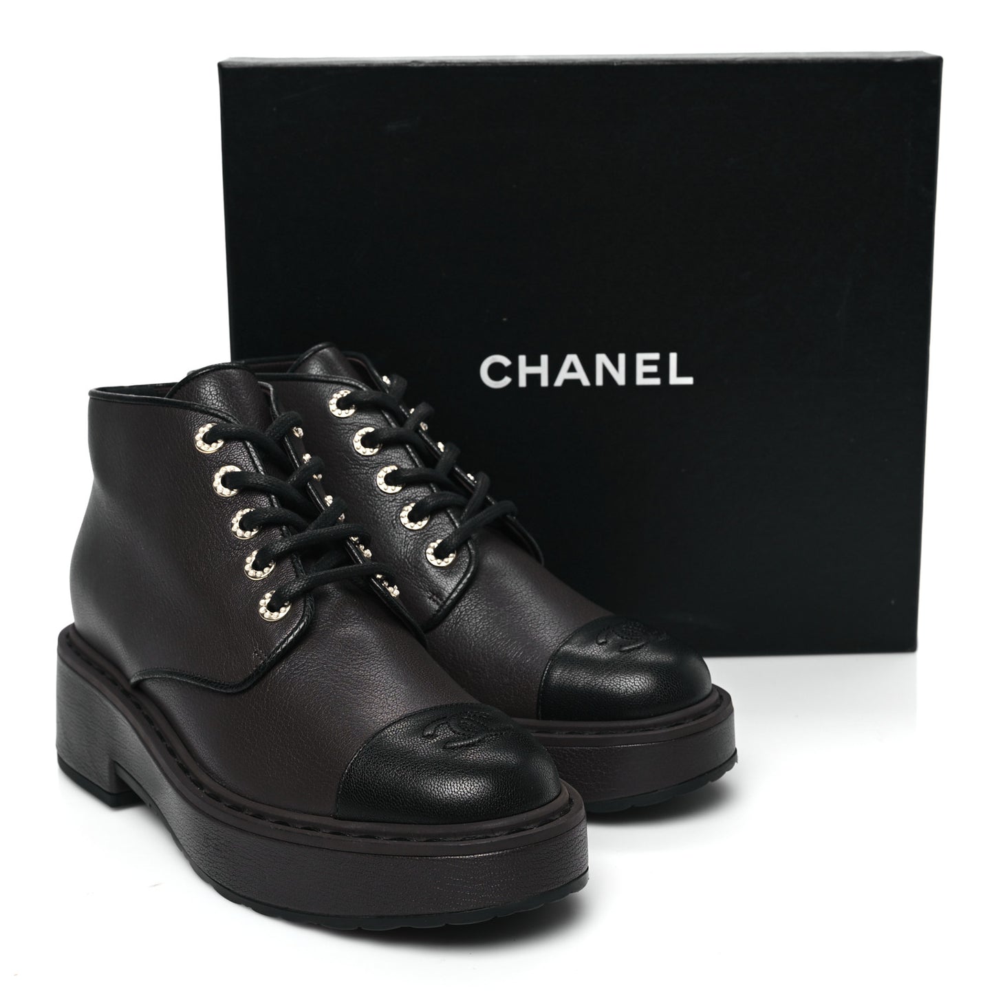 Goatskin Pearl Lace Up CC Short Boots 41 Brown Black