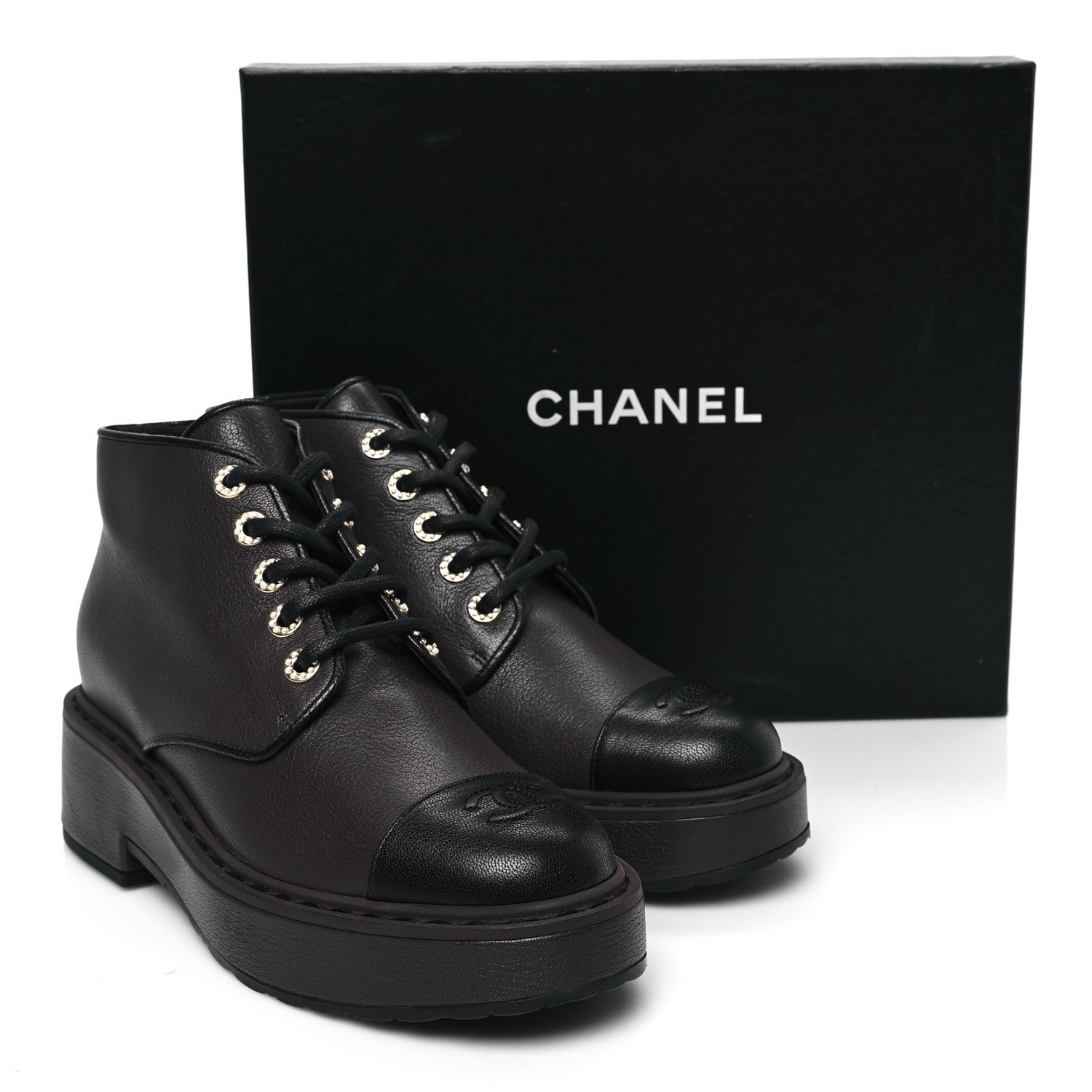 Chanel Goatskin Pearl Lace Up CC Short Boots 41 Brown Black 9 of 9