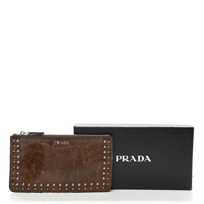 Prada Aged Calfskin Studded Zip Clutch Brown 11 of 11
