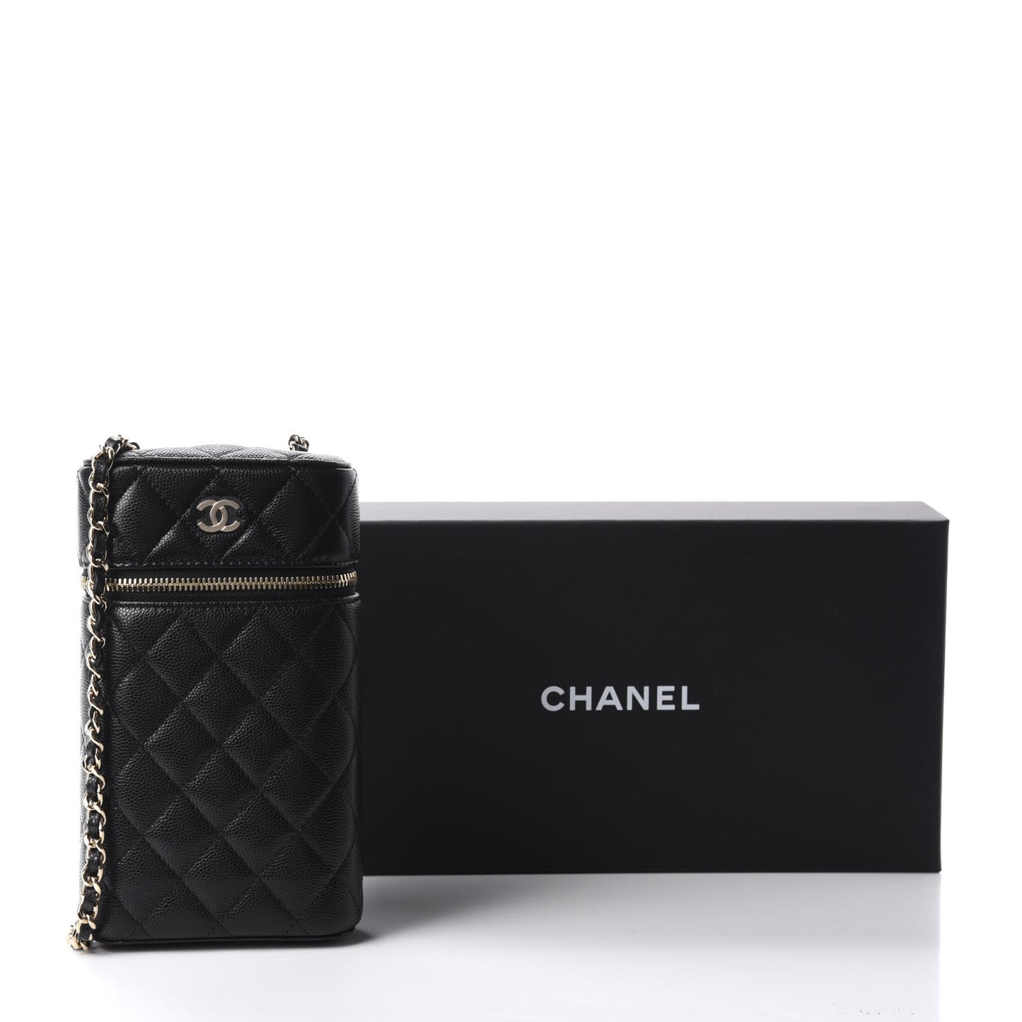 Caviar Quilted Phone Holder With Chain Black