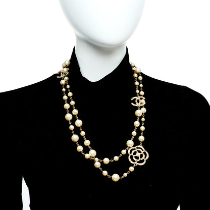 Chanel Pearl Crystal Camellia CC Necklace Gold 2 of 5