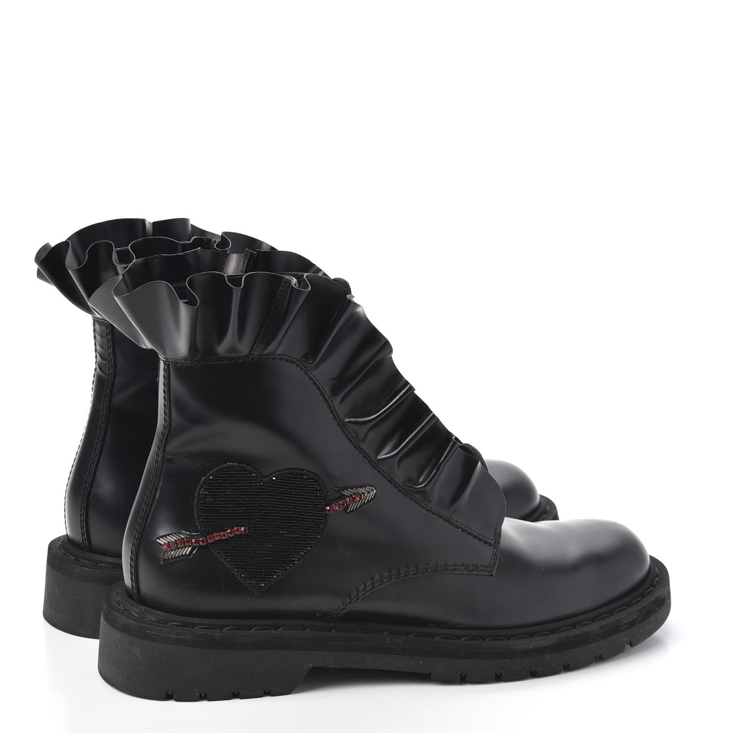 Valentino Garavani Calfskin Ruffle Heart Love Combat Boots 37.5 Black 4 of 10