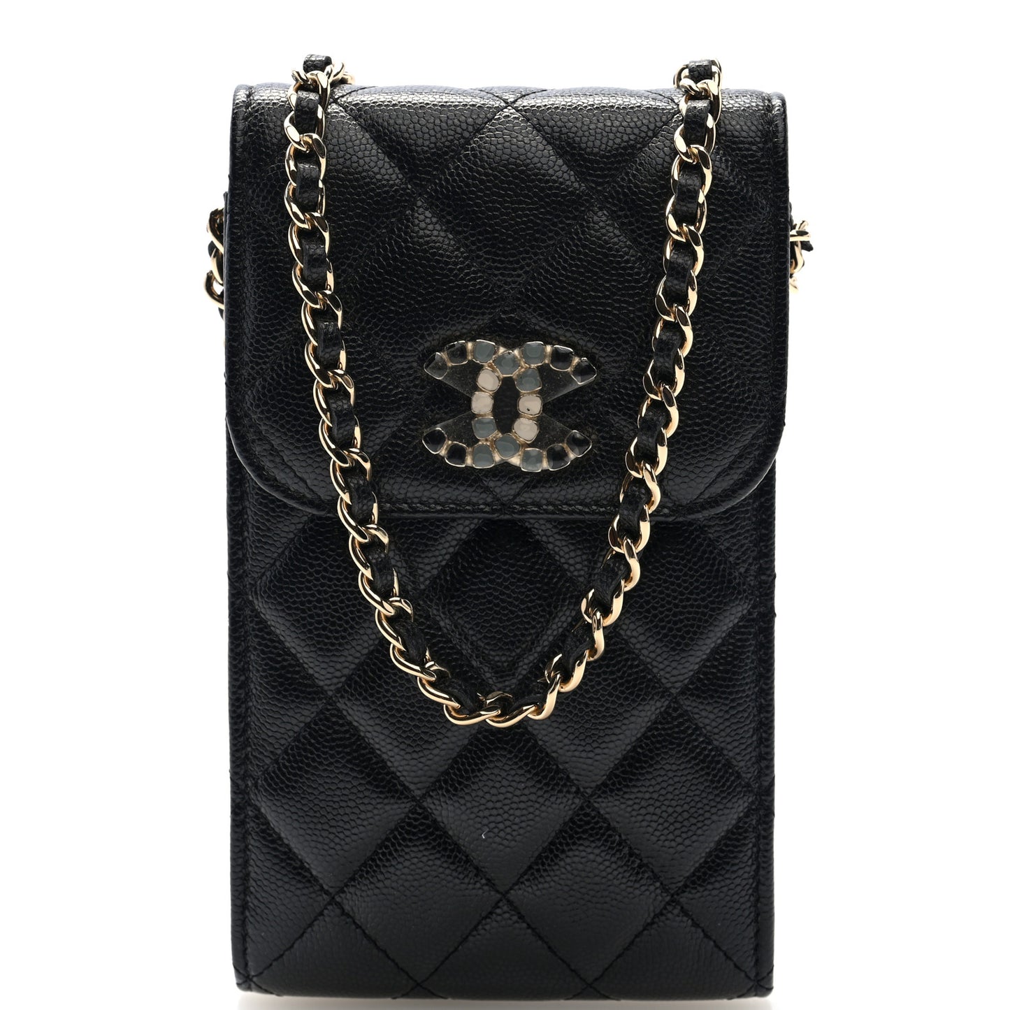 Caviar Quilted Crystal CC Airpods Pro and Phone Case With Chain Black