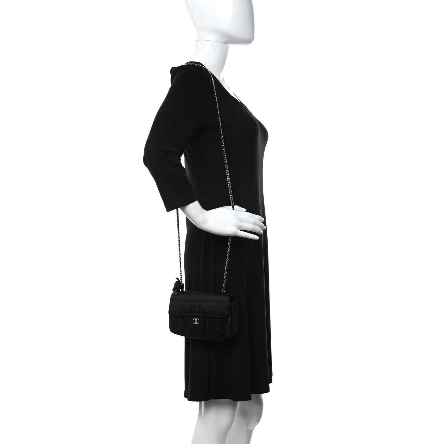 Satin Chocolate Bar Quilted Camellia Rectangular Mini Flap Black