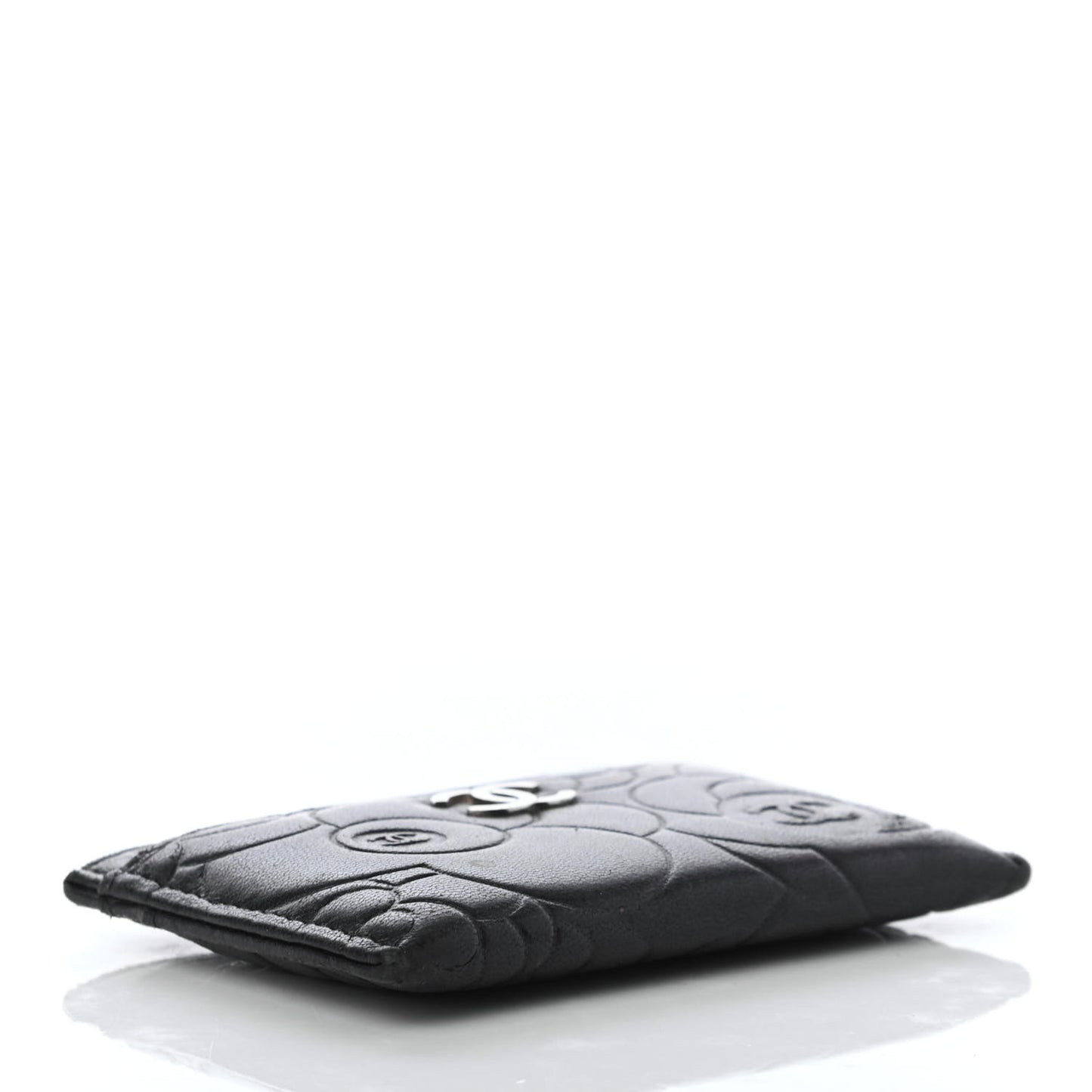 Lambskin Camellia Embossed Card Holder Black