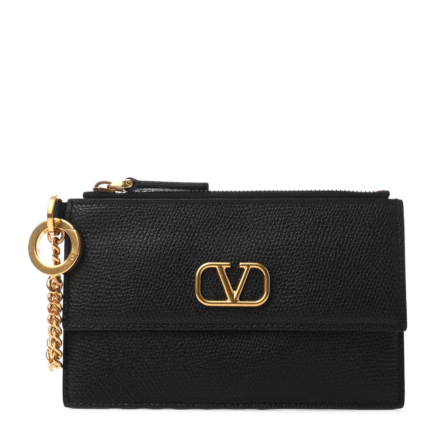 Valentino Garavani Grained Calfskin VLogo Zippered Card Holder Black 1 of 7