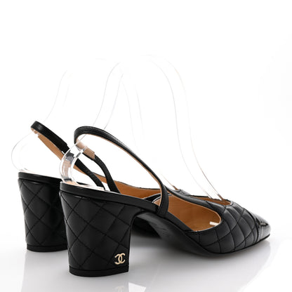 Chanel Lambskin Patent Calfskin Quilted Cap Toe CC Slingback Pumps 37.5 Black 5 of 10