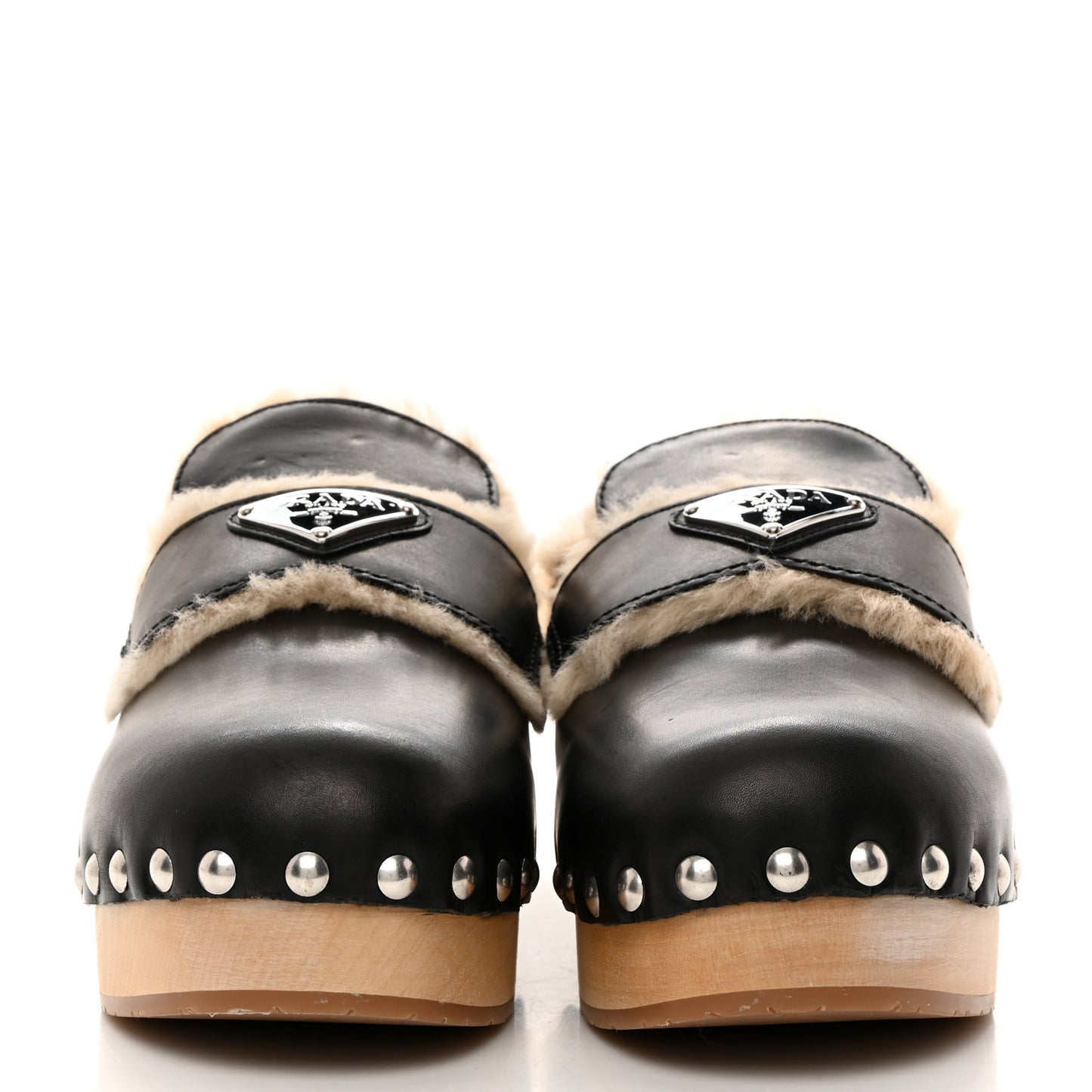 Natural Calfskin Shearling Metal Triangle Logo 45mm Clogs 37 Black Sabbia