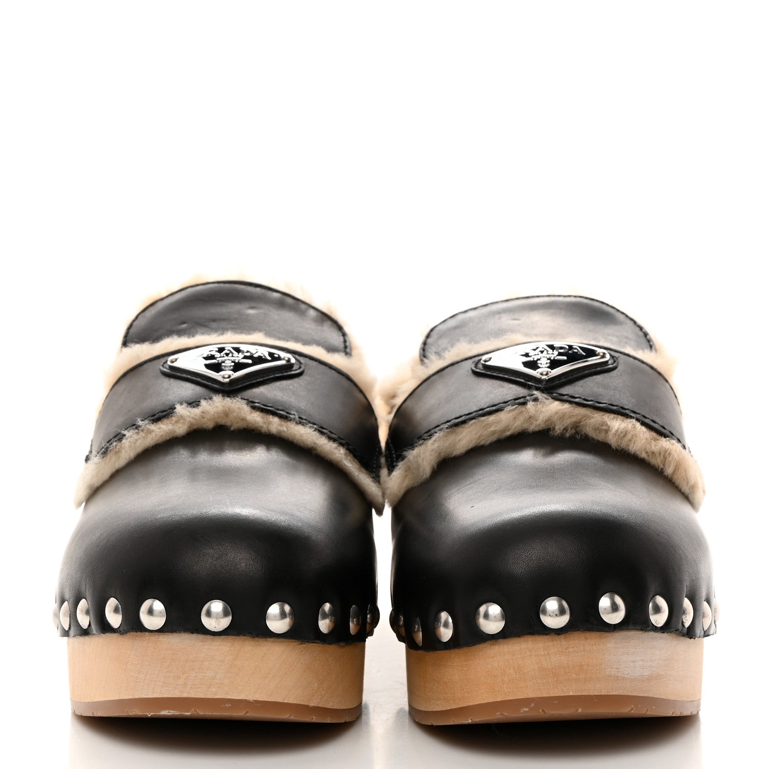Prada Natural Calfskin Shearling Metal Triangle Logo 45mm Clogs 37 Black Sabbia 2 of 9