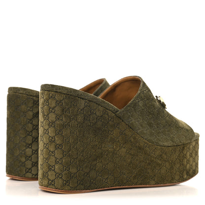 Gucci Suede GG Debossed Horsebit Wedge Sandals 39.5 Forest Green 5 of 10