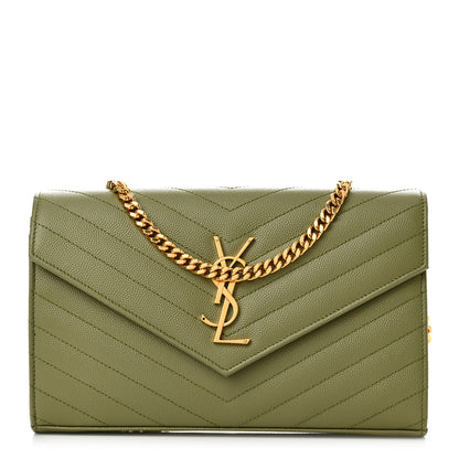 Saint Laurent Grain De Poudre Matelasse Chevron Monogram Chain Wallet Light Sage 1 of 10