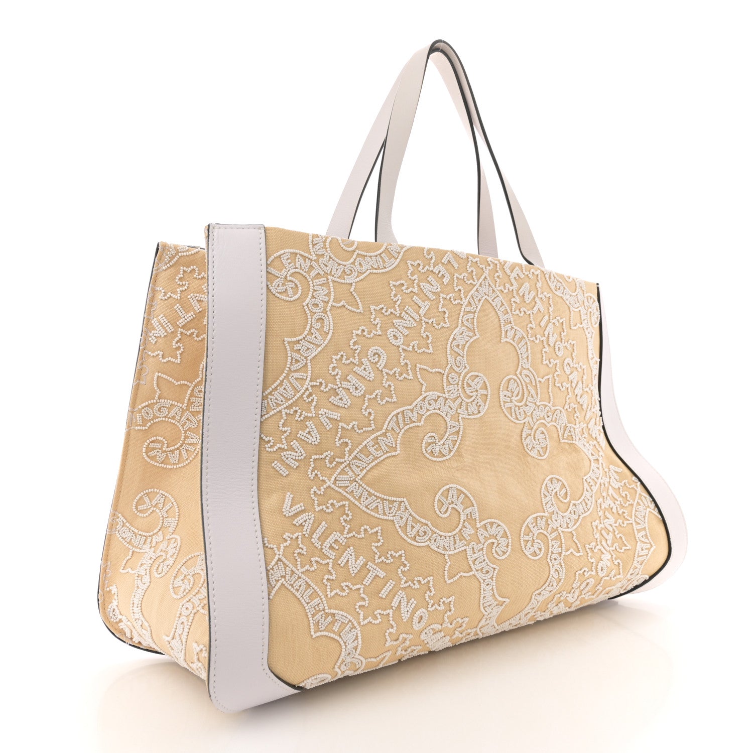 Valentino Garavani Linen Beaded Embroidered Bandana Print Vlogo Signature Tote Beige White 3 of 12