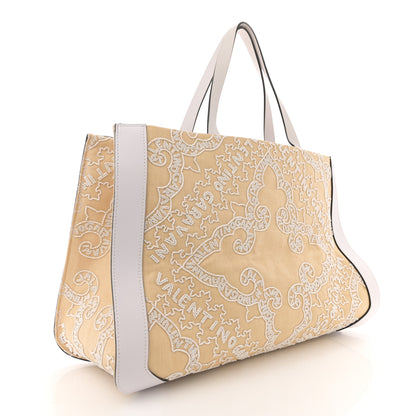 Valentino Garavani Linen Beaded Embroidered Bandana Print Vlogo Signature Tote Beige White 3 of 12