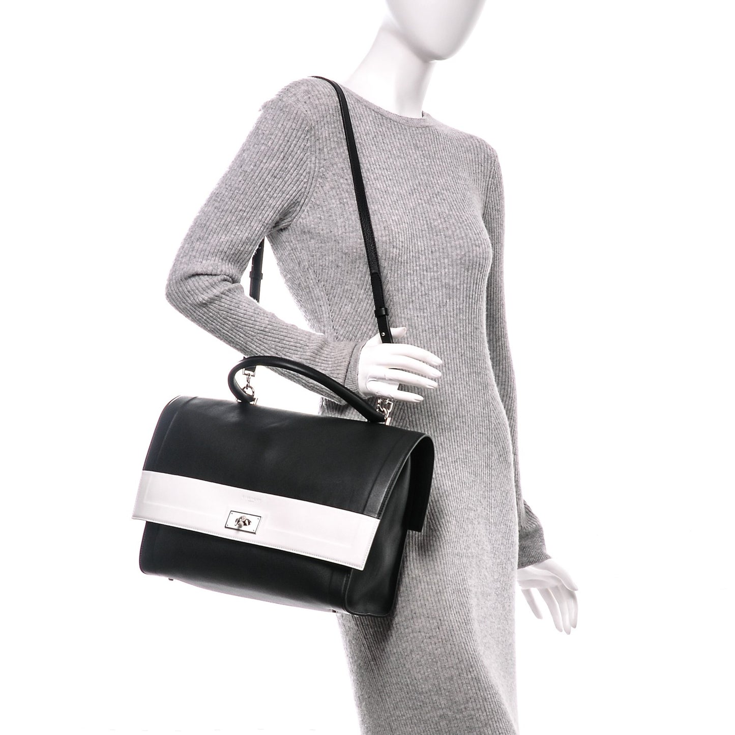 Grained Calfskin Medium Bi-Color Shark Lock Satchel Black White