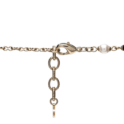 Chanel Pearl Glass Beaded CC Flower Long Necklace Gold White Black 4 of 6