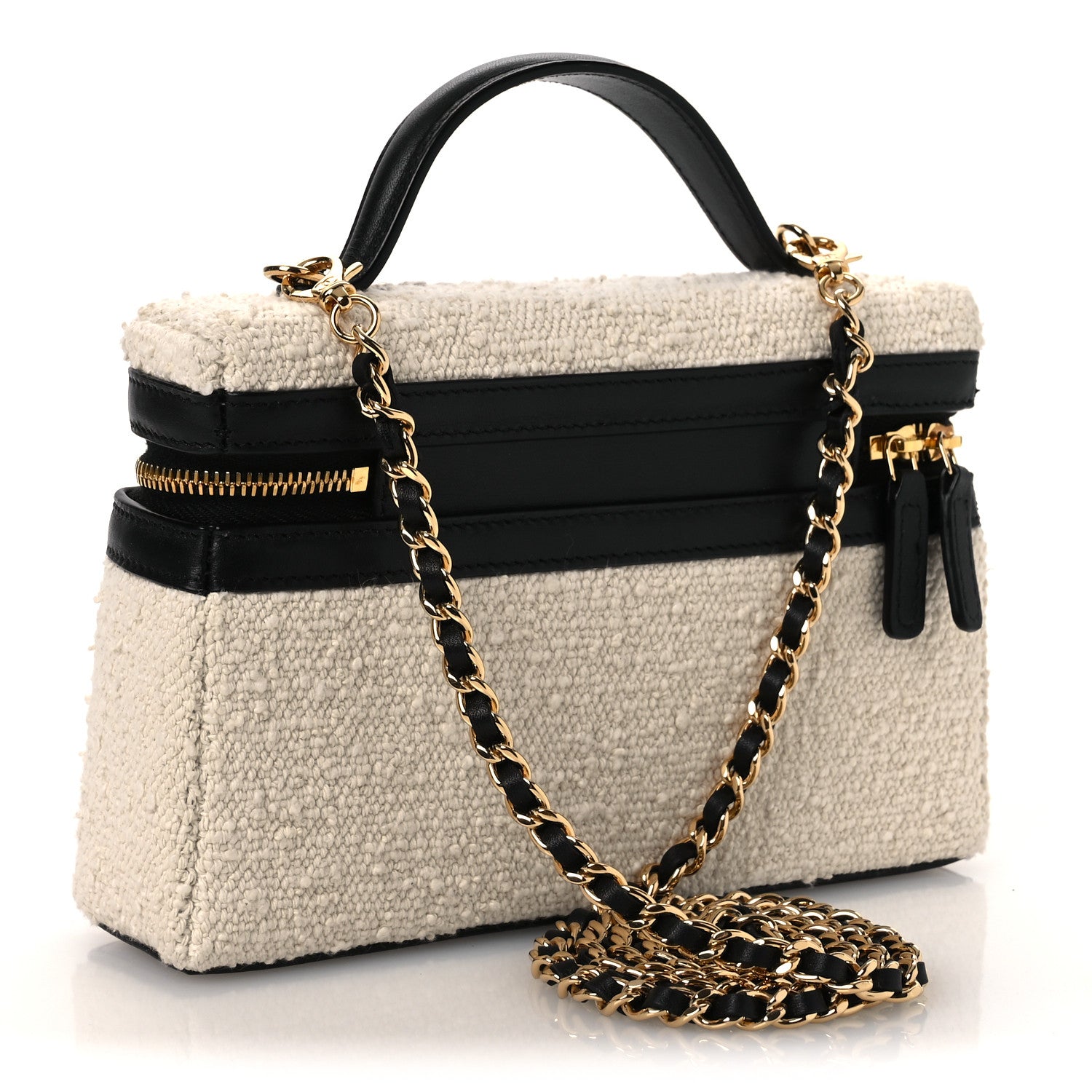 Chanel Boucle Calfskin Top Handle Slim Vanity Case With Chain Ecru Black 3 of 13