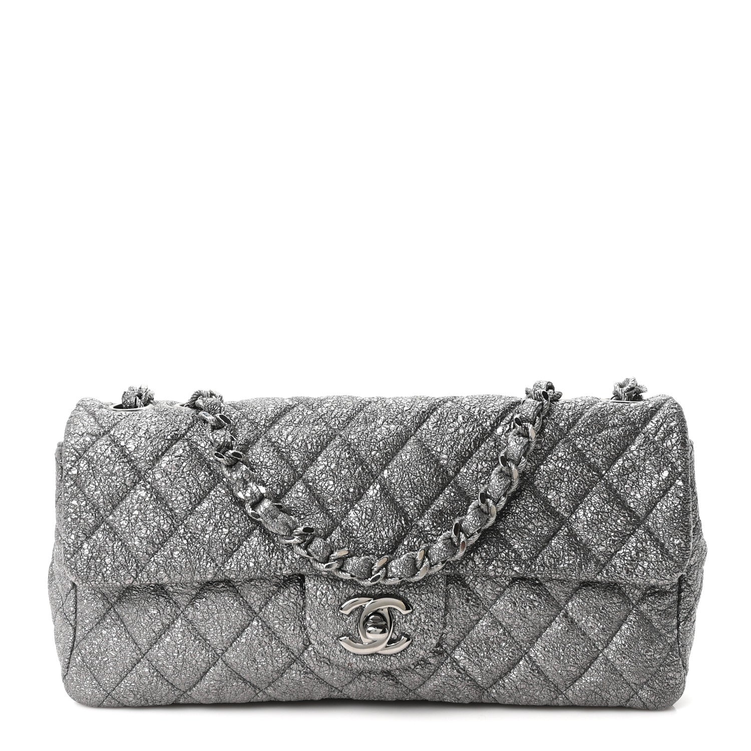 Chanel Metallic Crackled Calfskin Quilted East West Flap Dark Silver 1 of 10