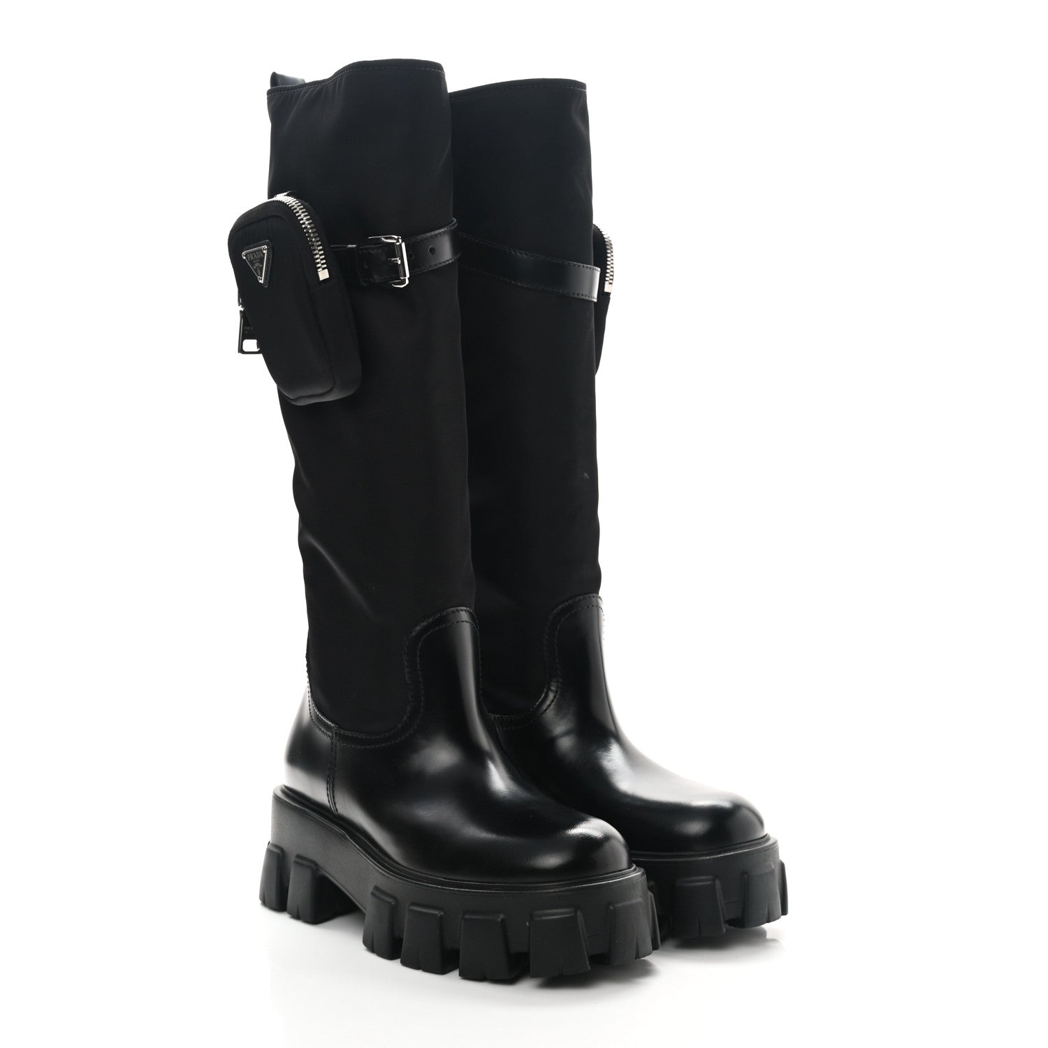 Prada Spazzolato Rois Re-Nylon Metal Triangle Logo Monolith Pouch Pocket 55mm Tall Boots 37 Black 3 of 8