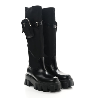 Prada Spazzolato Rois Re-Nylon Metal Triangle Logo Monolith Pouch Pocket 55mm Tall Boots 37 Black 3 of 8