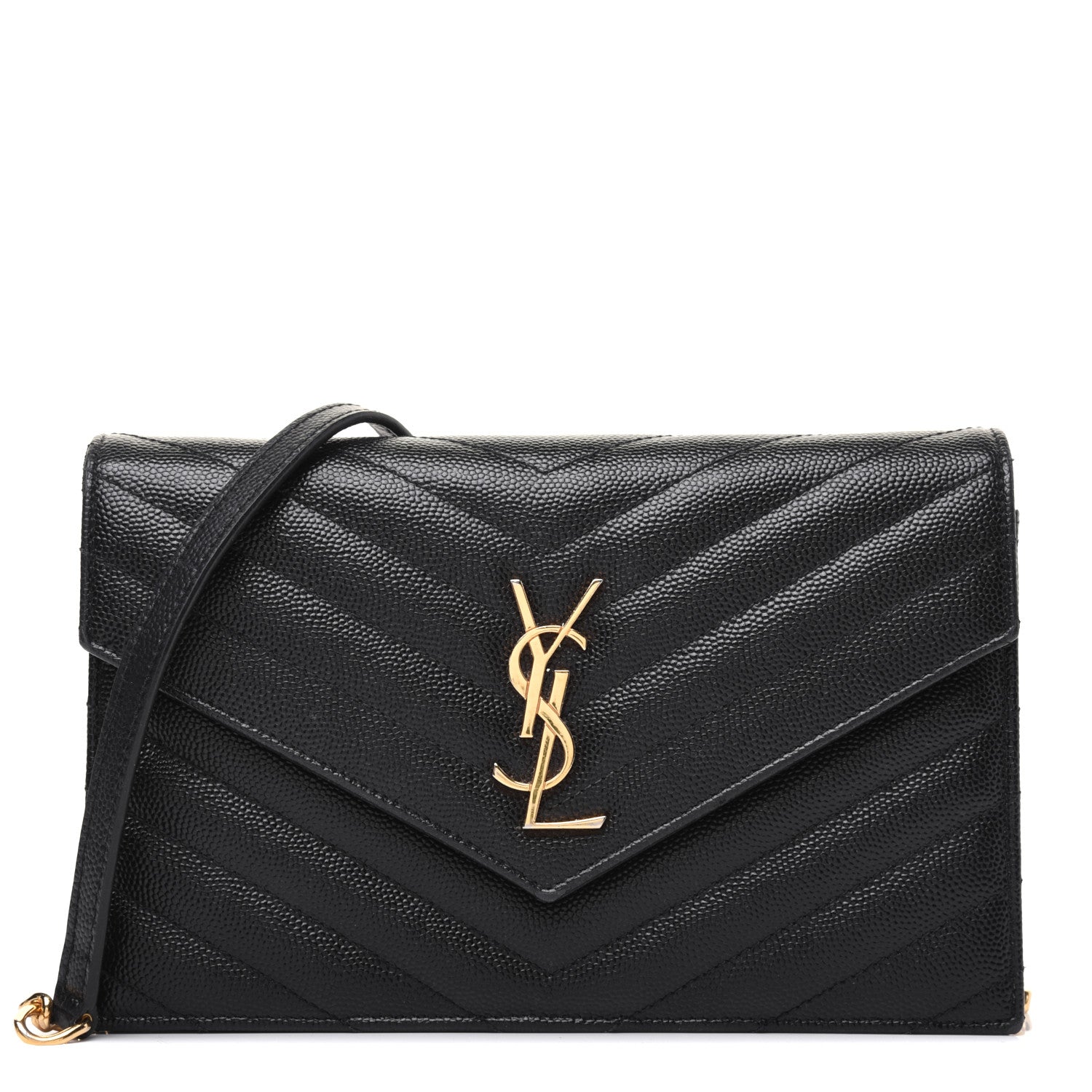 Saint Laurent Grain De Poudre Matelasse Chevron Monogram Envelope Chain Wallet Black 1 of 17