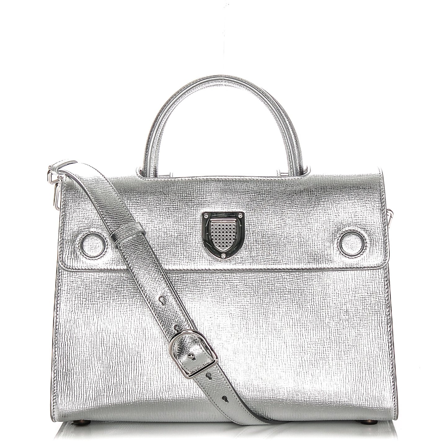 Metallic Grained Calfskin Medium Diorever Flap Silver