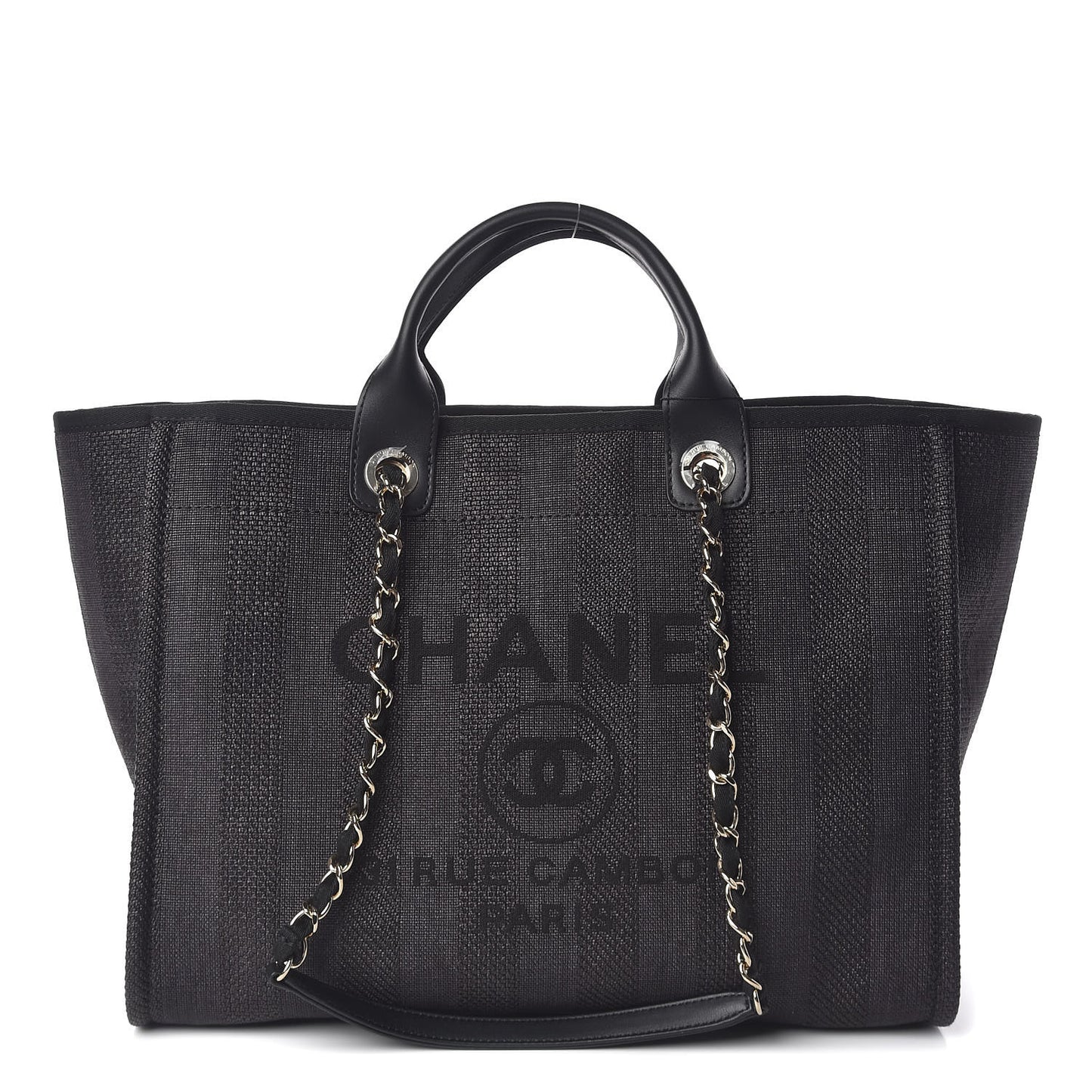 Woven Straw Raffia Striped Large Deauville Tote Black