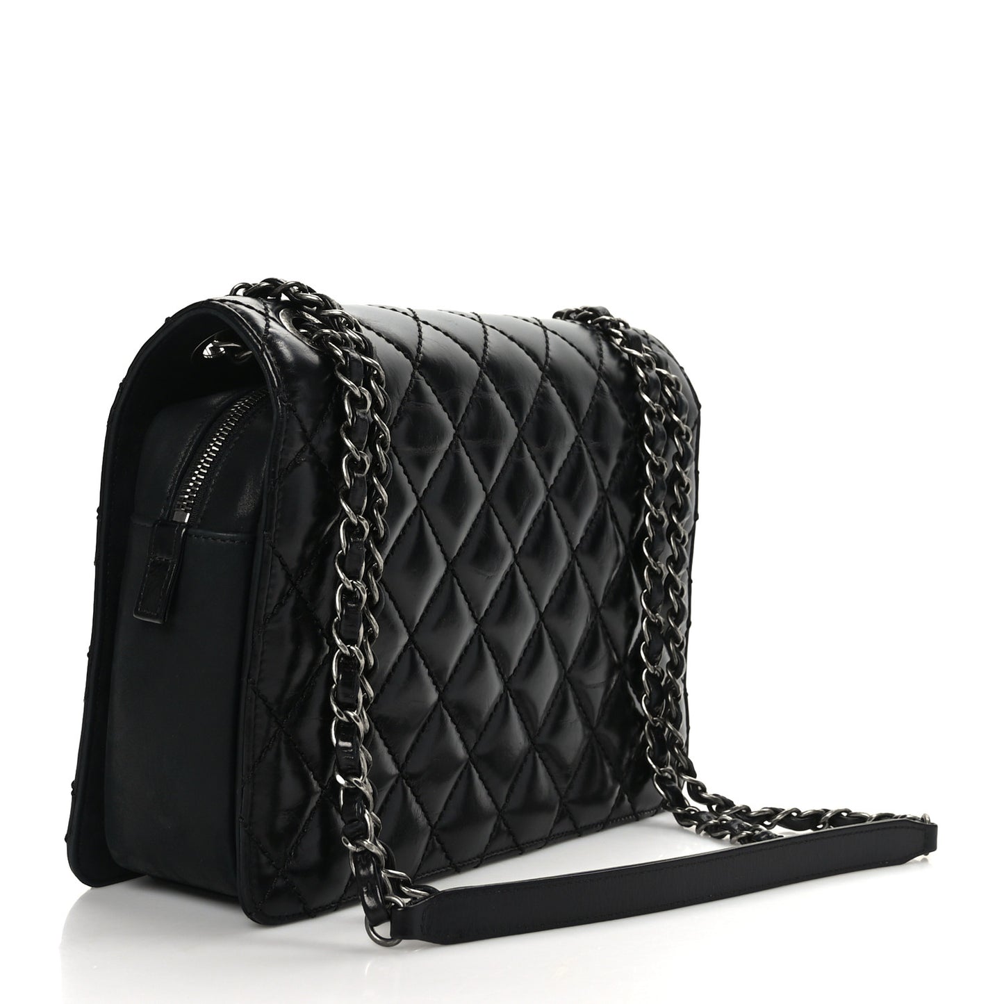 Glazed Calfskin Quilted Medium Day Trip Flap Black