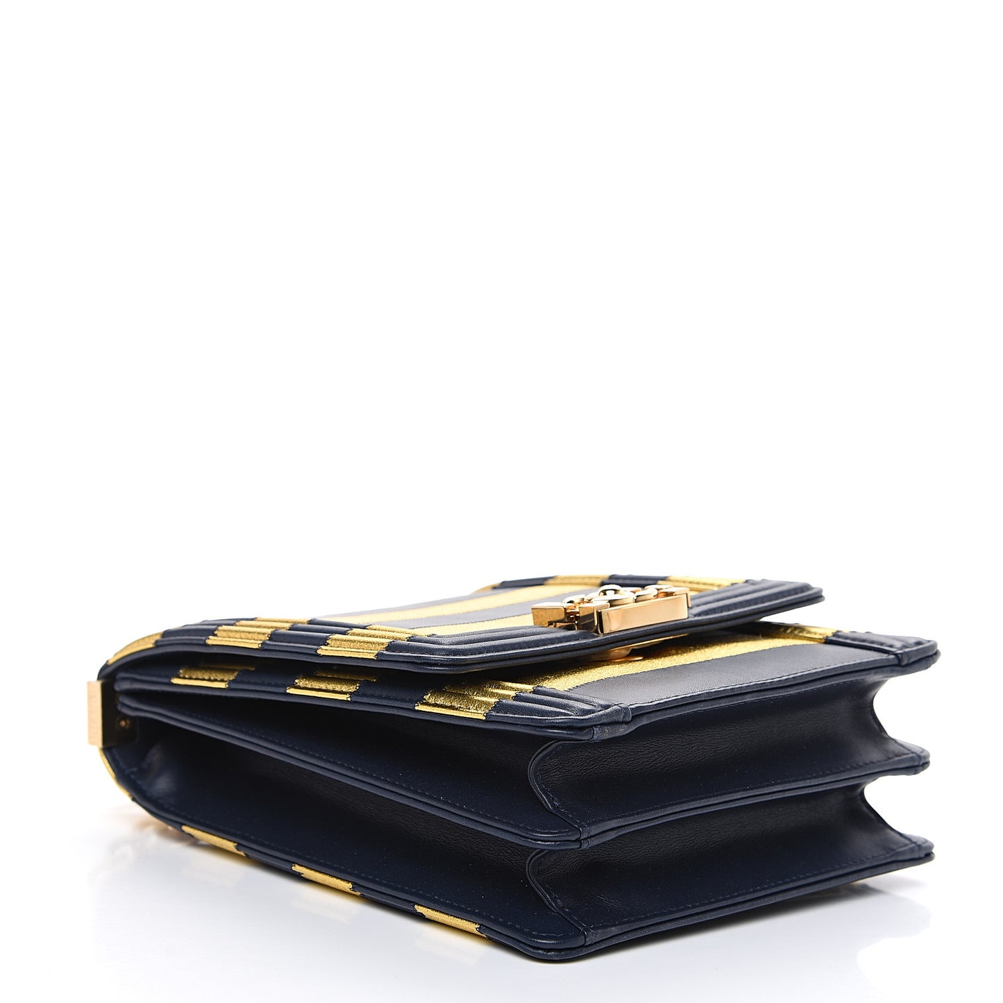 Metallic Lambskin Striped North South Boy Flap Navy Gold