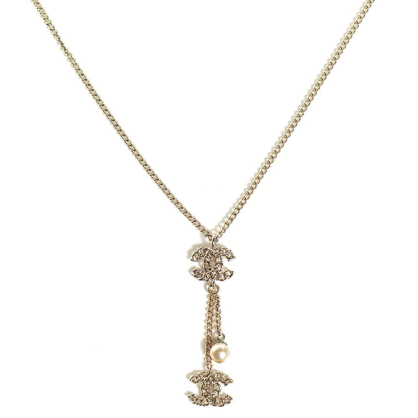 Chain Pearl CC Pendant Necklace Light Gold