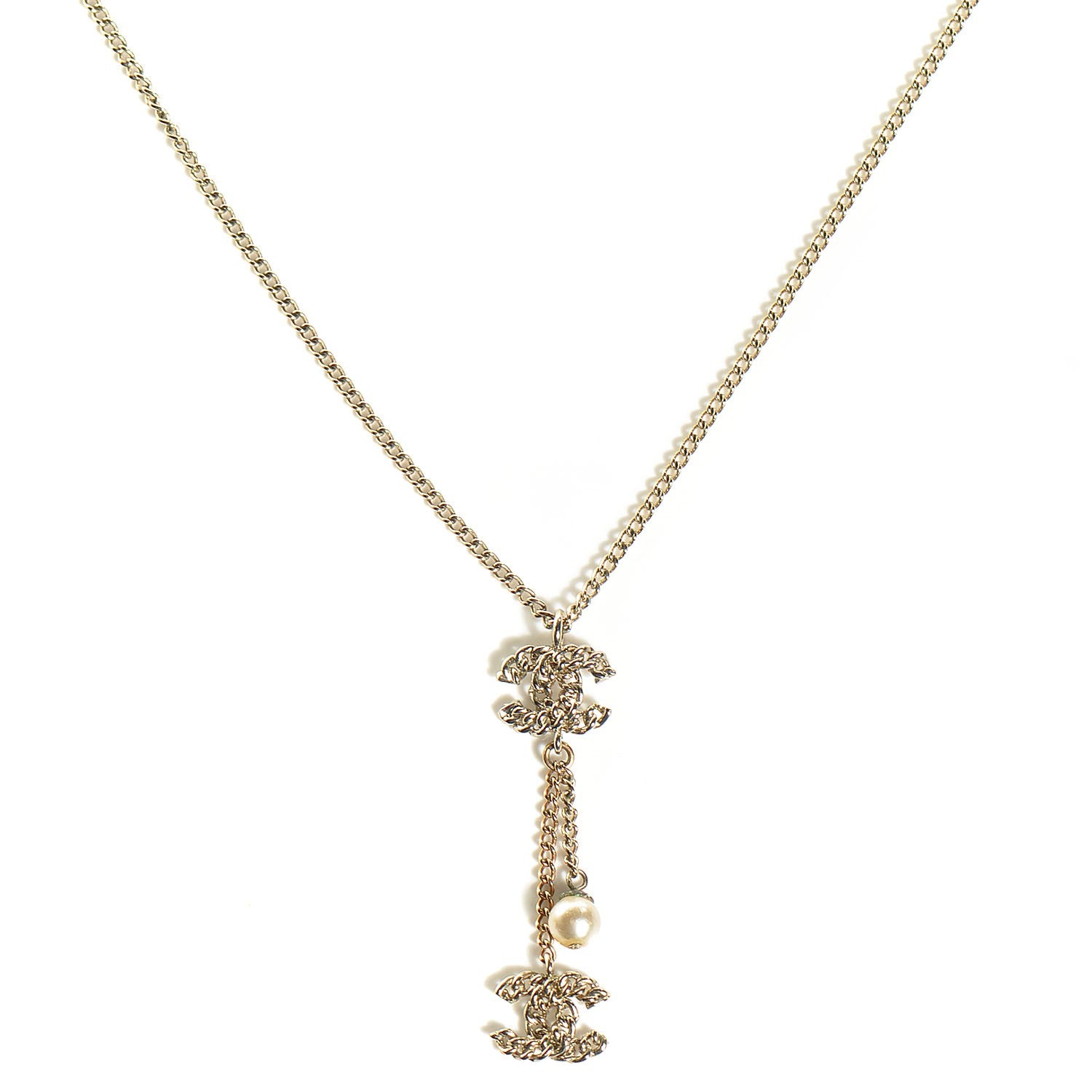 Chanel Chain Pearl CC Pendant Necklace Light Gold 1 of 4