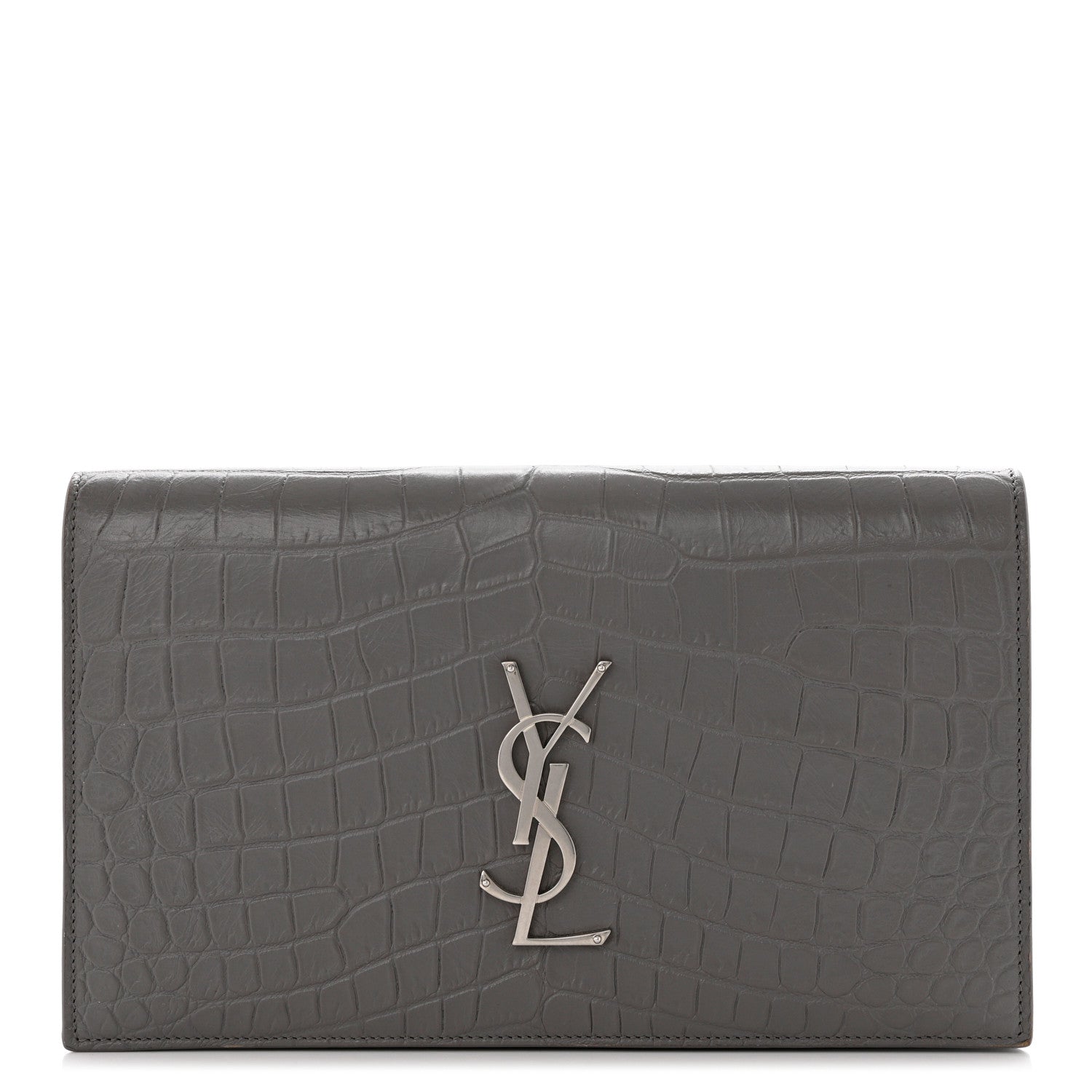 Saint Laurent Croc Embossed Calfskin Classic Kate Monogram Clutch Fog 1 of 7